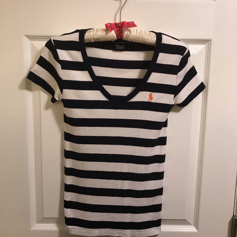 Ralph Lauren Sport V neck T-shirt Navy/ white stripe VGUC